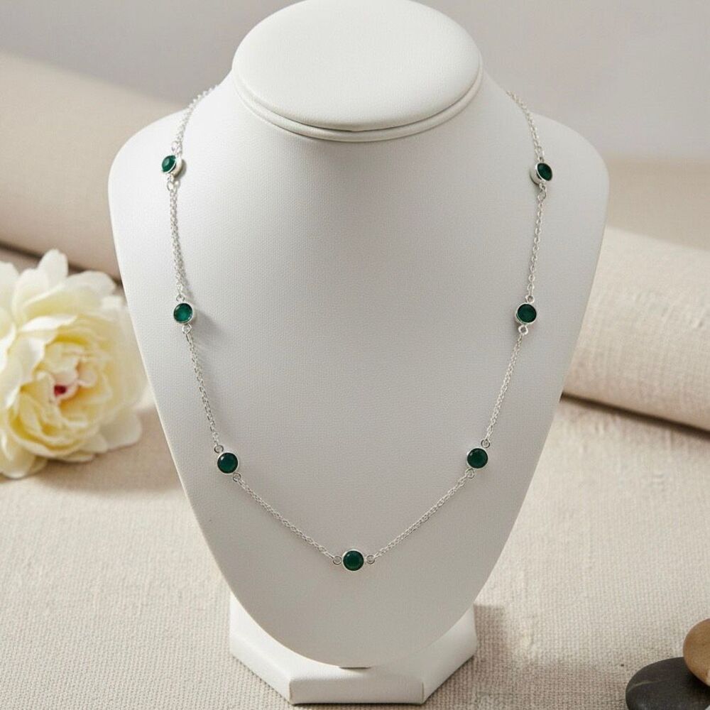Dainty Green Glass Bead Station Necklace - Adjustable Length - Minimalist Style